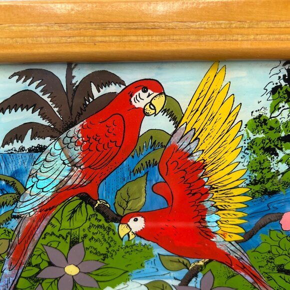 VTG Brazil Wood Glass Serving Tray Hand-Painted Parrot Scene Tropical Iridescent - Picture 2 of 11